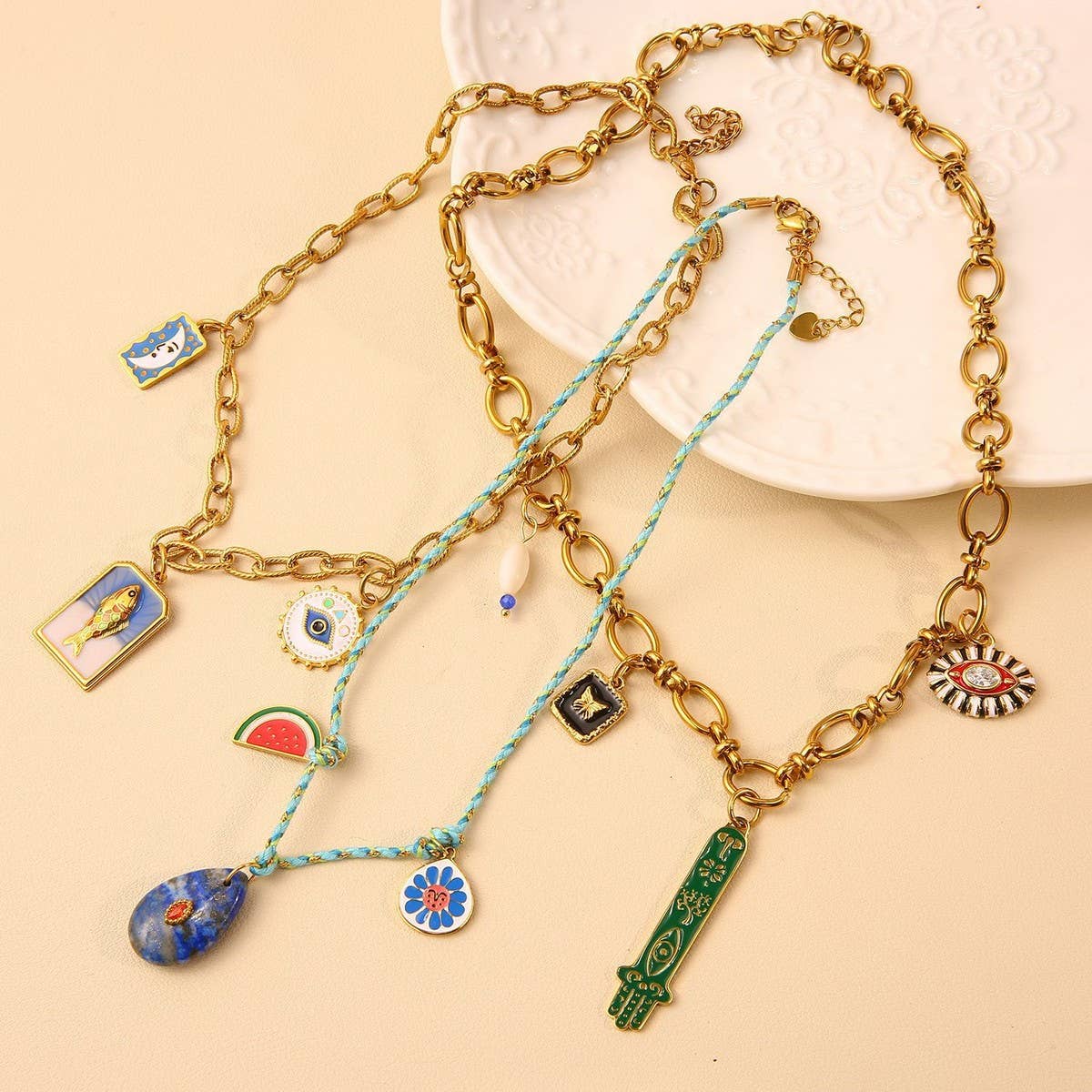 18K STEEL FATIMA HAND NECKLACE WITH FISH EYE_CWMM8859