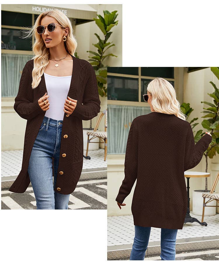 Twisted Floral Solid Color V-Neck Knit Cardigan