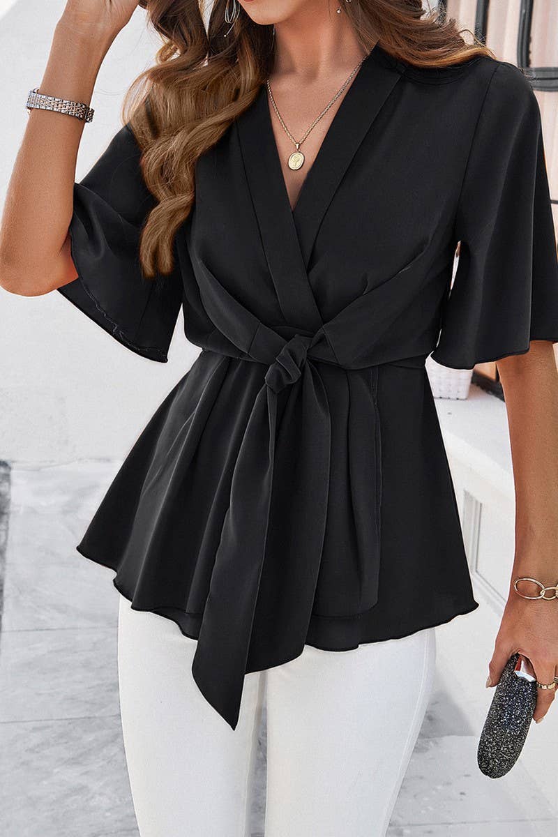 Solid Color Elegant Short Sleeved Belted Top_Cwtsts0323