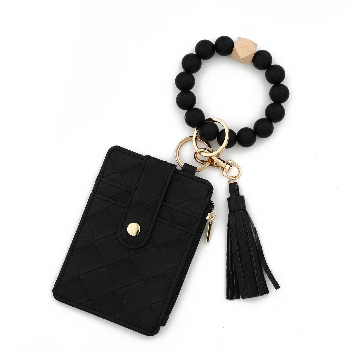 CHECKERED PU CARD WALLETWITH BEAD BRACELET KEYCHAIN_CWAB4958