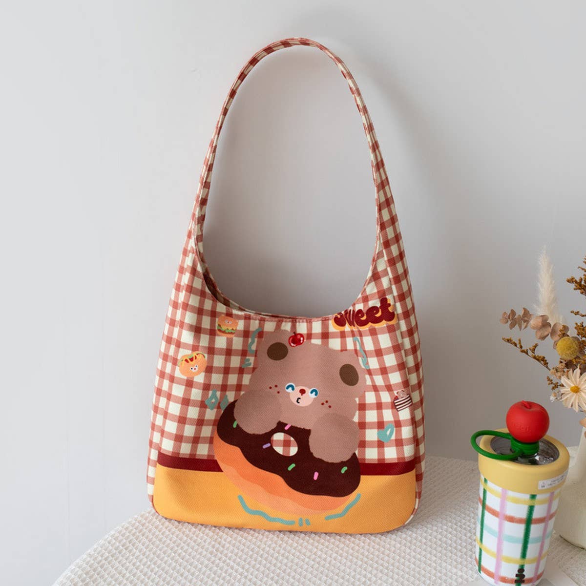LIGHTWEIGHT LARGE CANVAS TOTE WITH PLAID DESIGN_CWAB5641