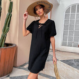 Solid Color Lace-Up Cotton Linen Loose Dress