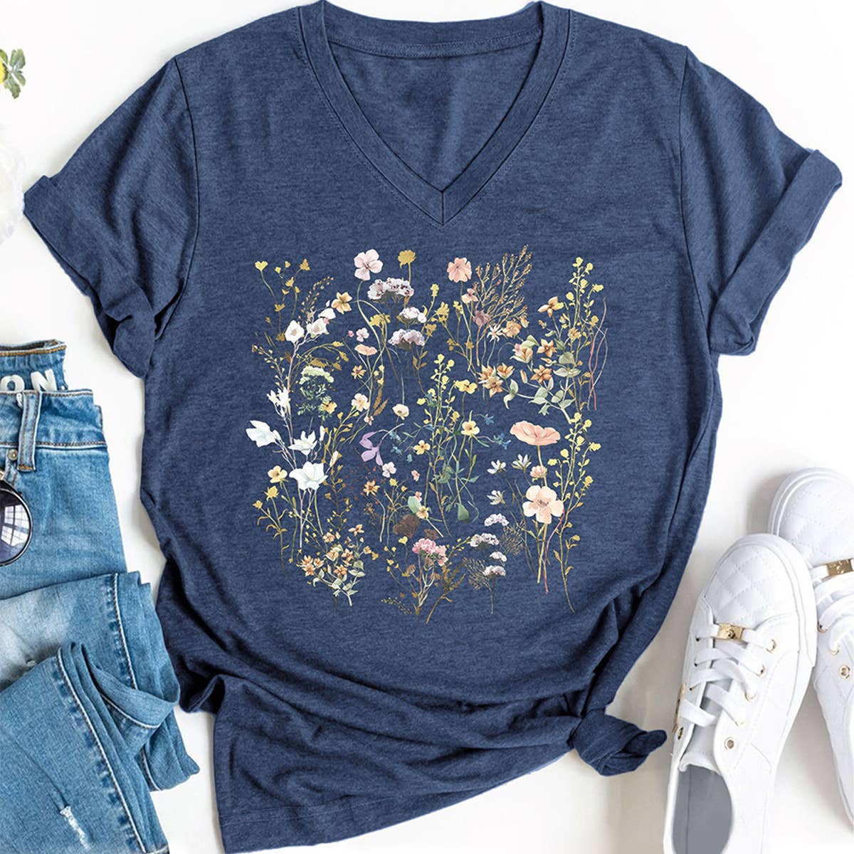 FLORAL V NECK GRAPHIC TEE FOR WOMEN LOOSE FIT_CWTTS1483
