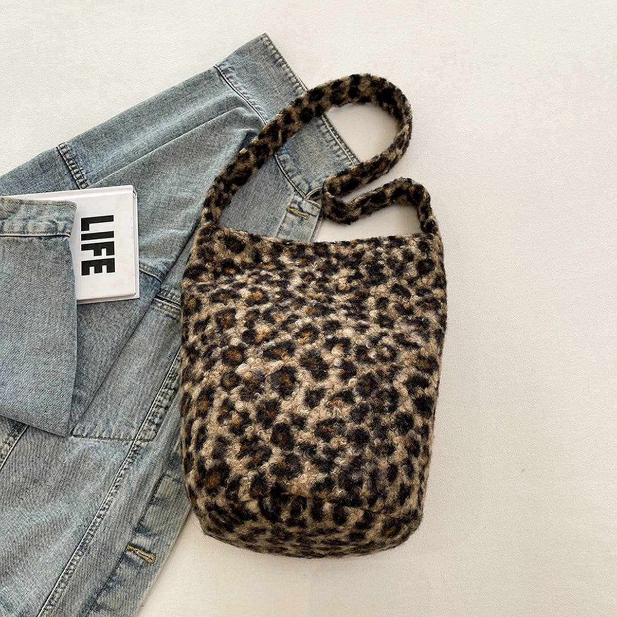 Winter Leopard Print Shoulder Bag Bucket Plush Bag_Cwab3973
