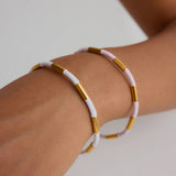 CLASSIC 18K GOLD BAMBOO PINK ENAMEL OPEN BANGLE_CWAJE4742