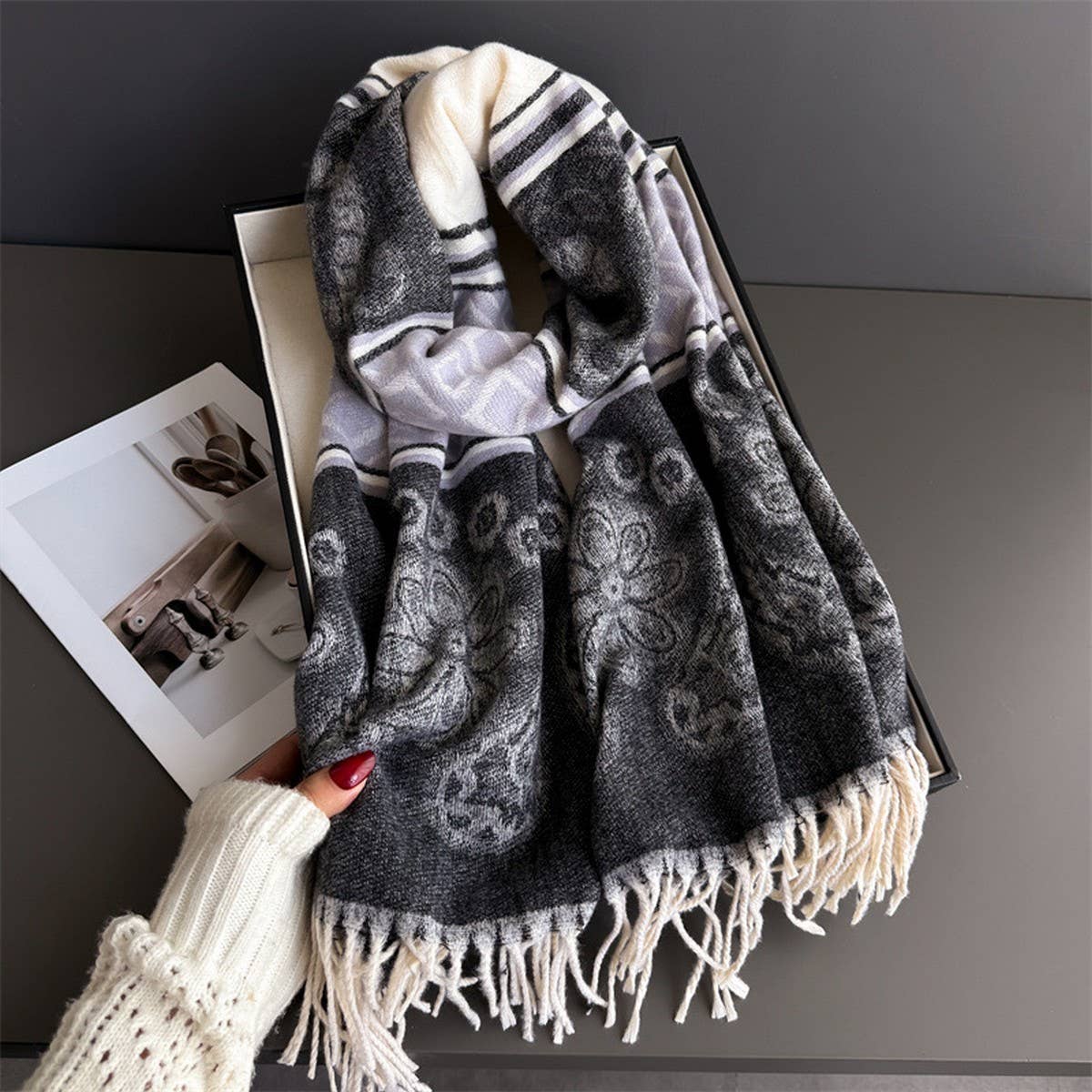 Fresh Floral Winter Tassel Scarf Soft Cashmere_Cwasc03248