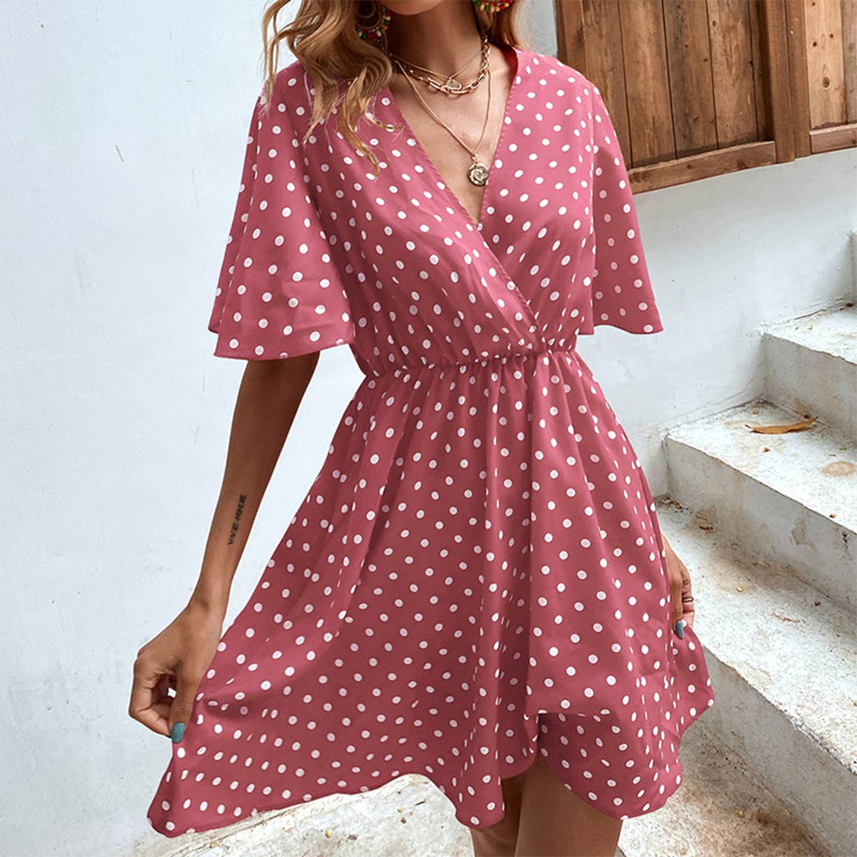 Temperament V-Neck Print Polka Dot Dress