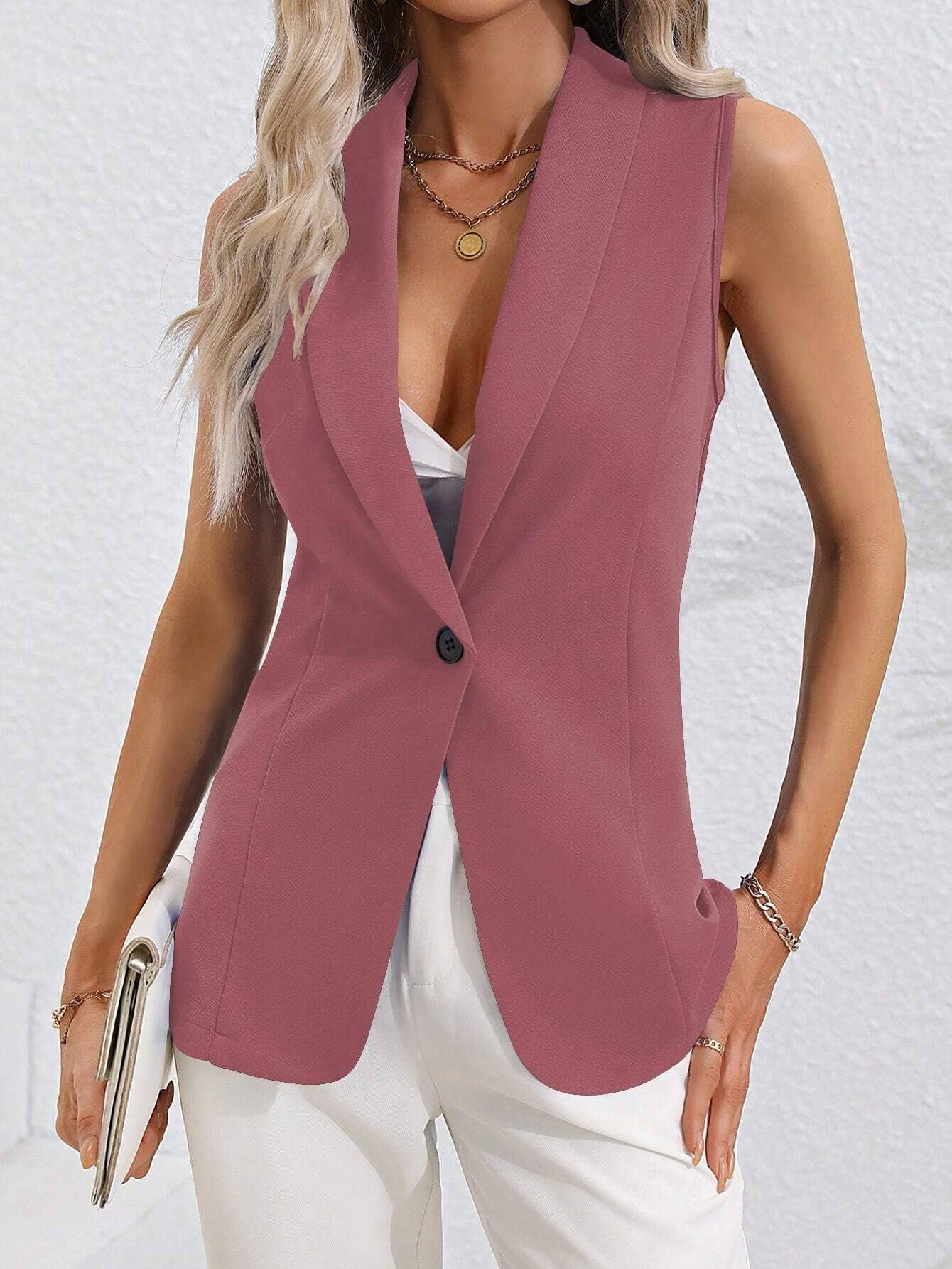 Solid Color Single Button Sleeveless Vest Coat