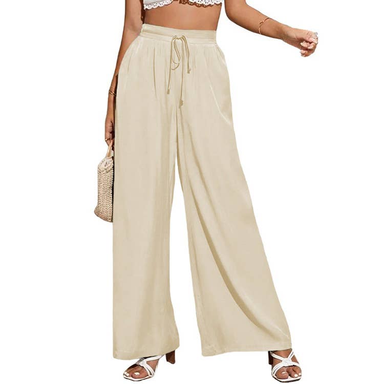 Solid-Color Loose Tight Waistband Wide-Leg Pants