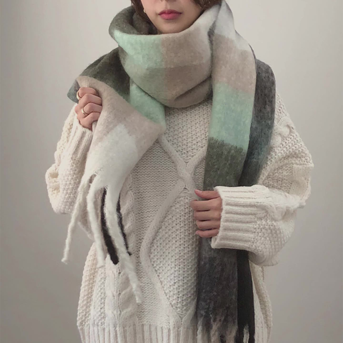 FAUX CASHMERE PLAID SCARF THICK FRINGED WRAP_CWASC2698