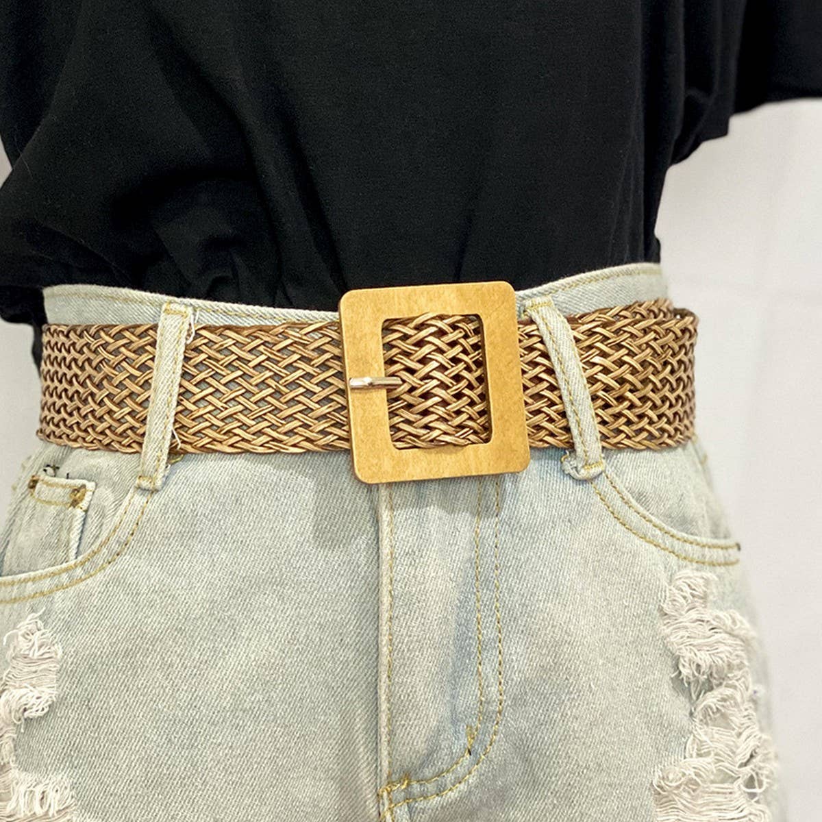Vintage Woven Belt With Square Wooden Buckle_Cwabe0407
