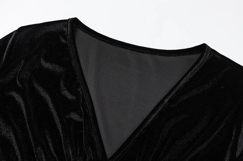 V-Neck Fanny Pack Hip Long Sleeve Velvet Dress_Cwdmd3581