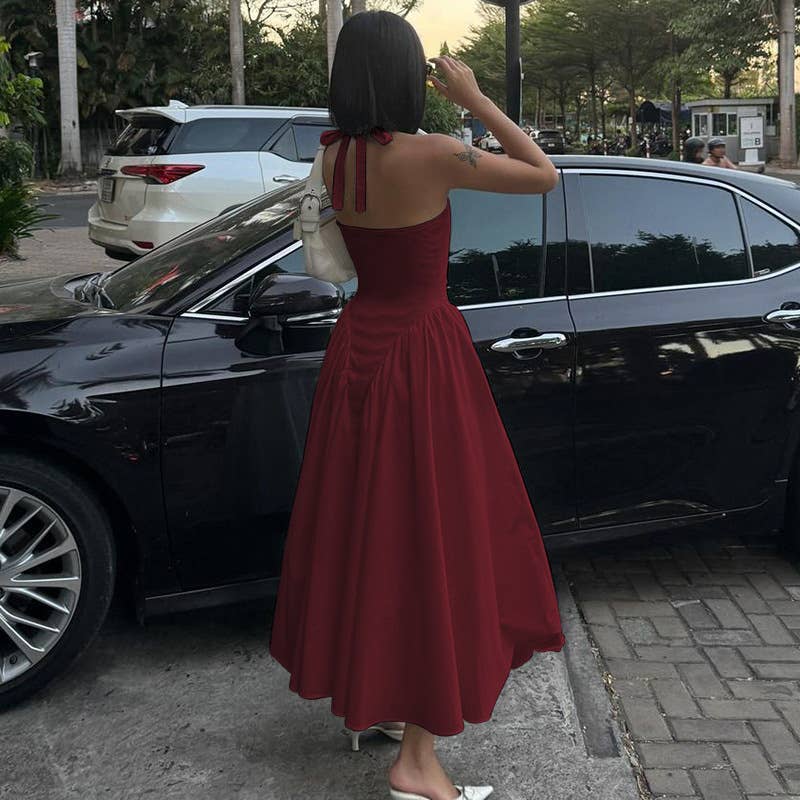 Solid Deep V Halter Cutout Flare Dress