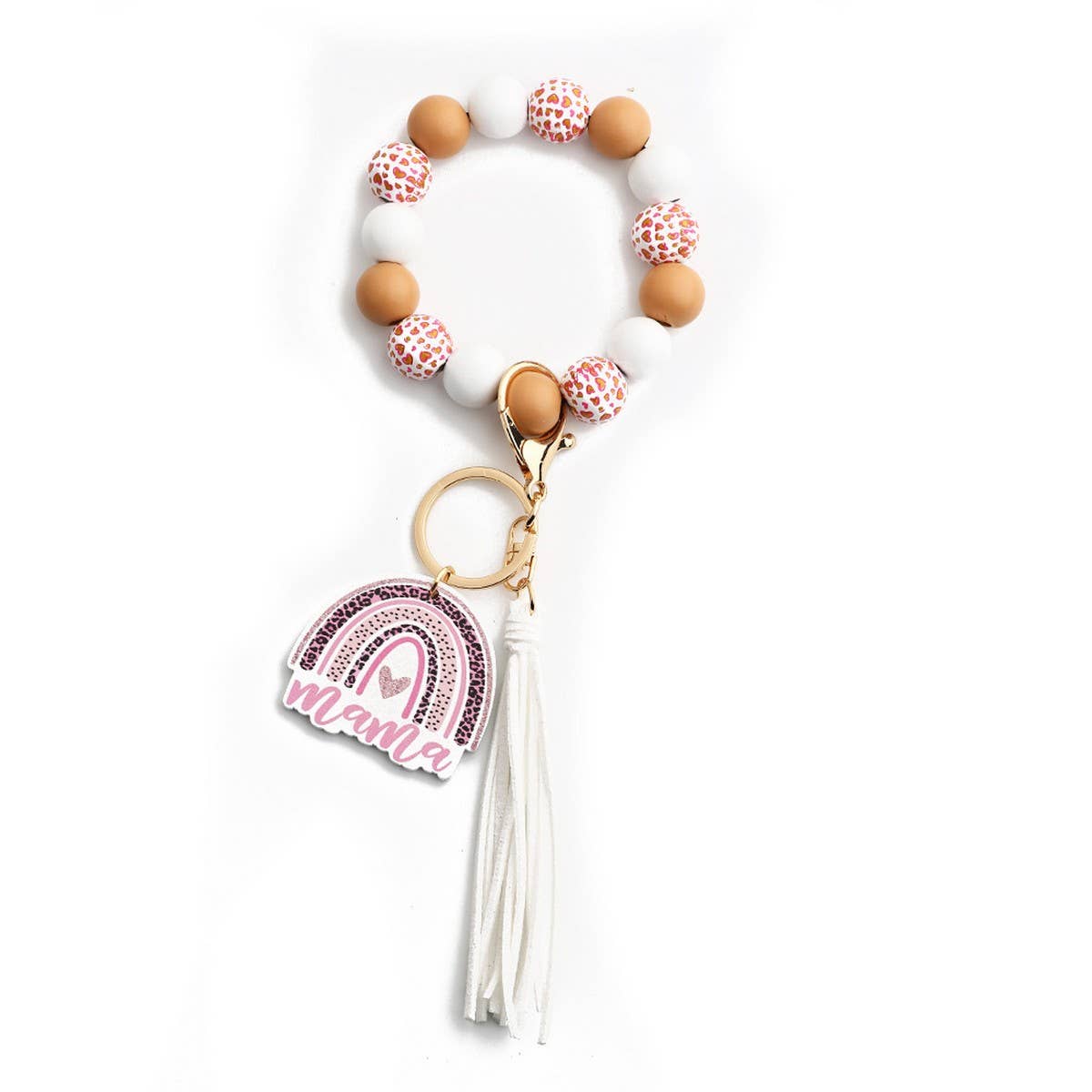 LEOPARD WOOD BEAD BRACELET HEART KEYCHAIN_CWAB5075