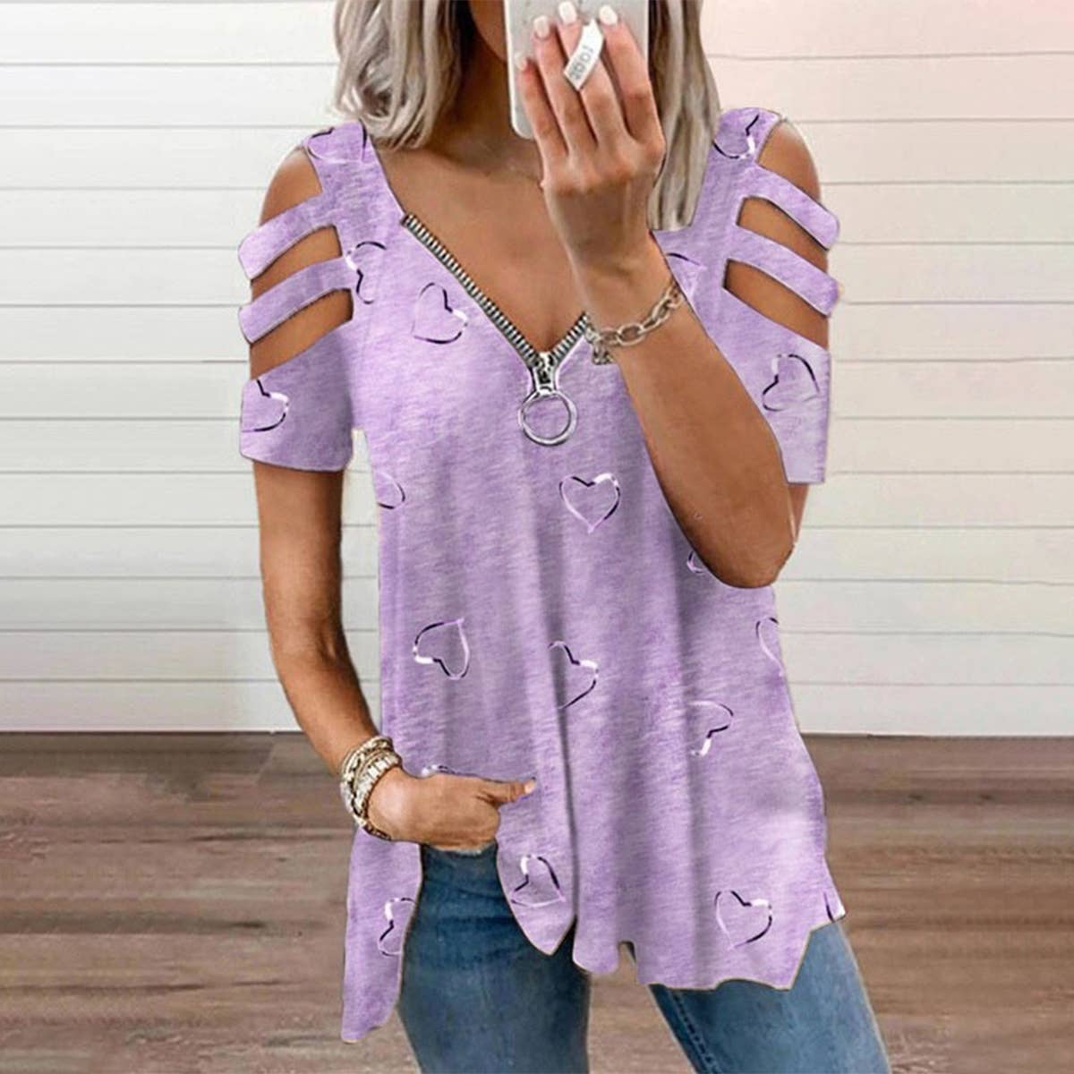 V-Neck Zip-Up Print Short-Sleeved Baggy Blouse