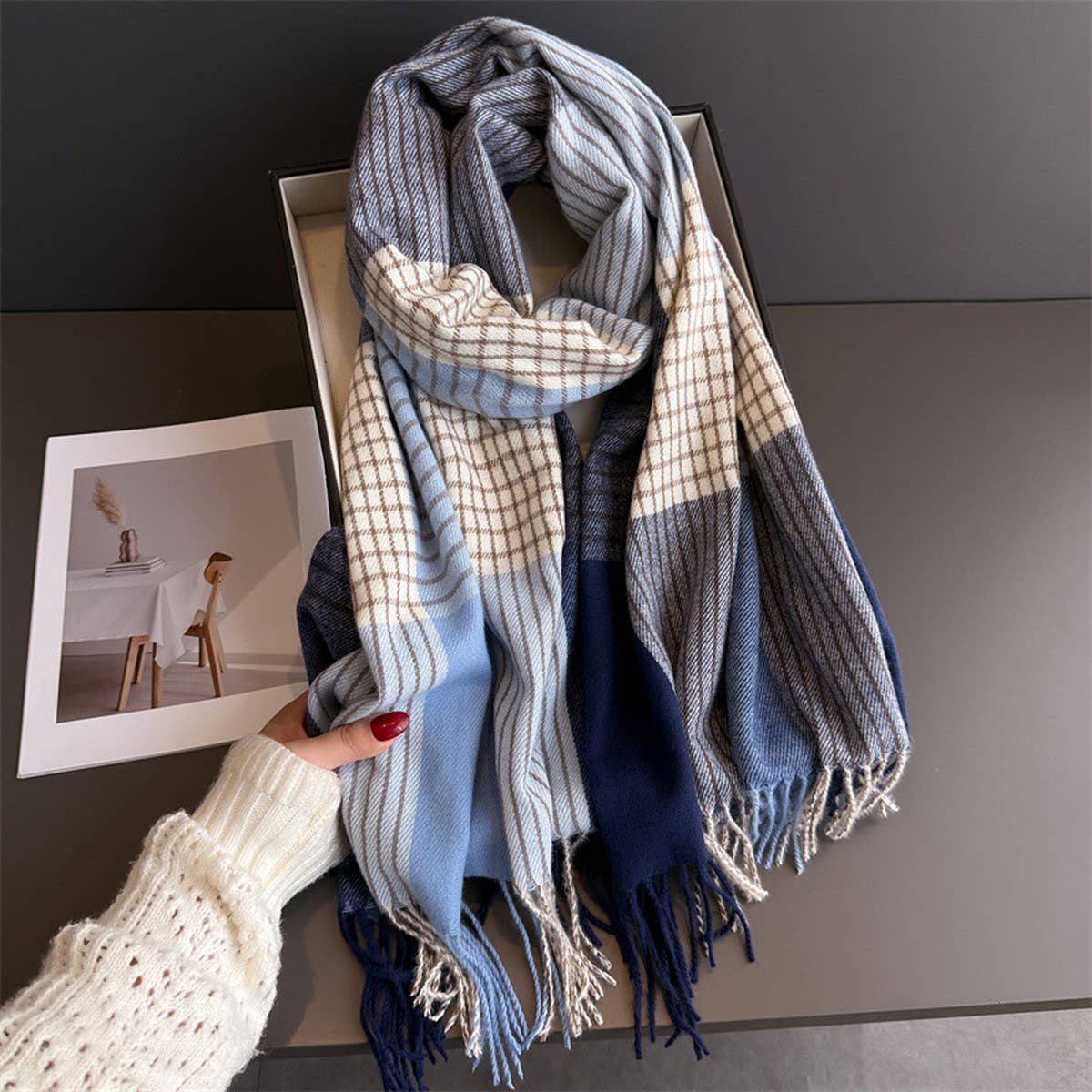 Colorblock Plaid Tassel Scarf Wrap For Winter_Cwasc03275