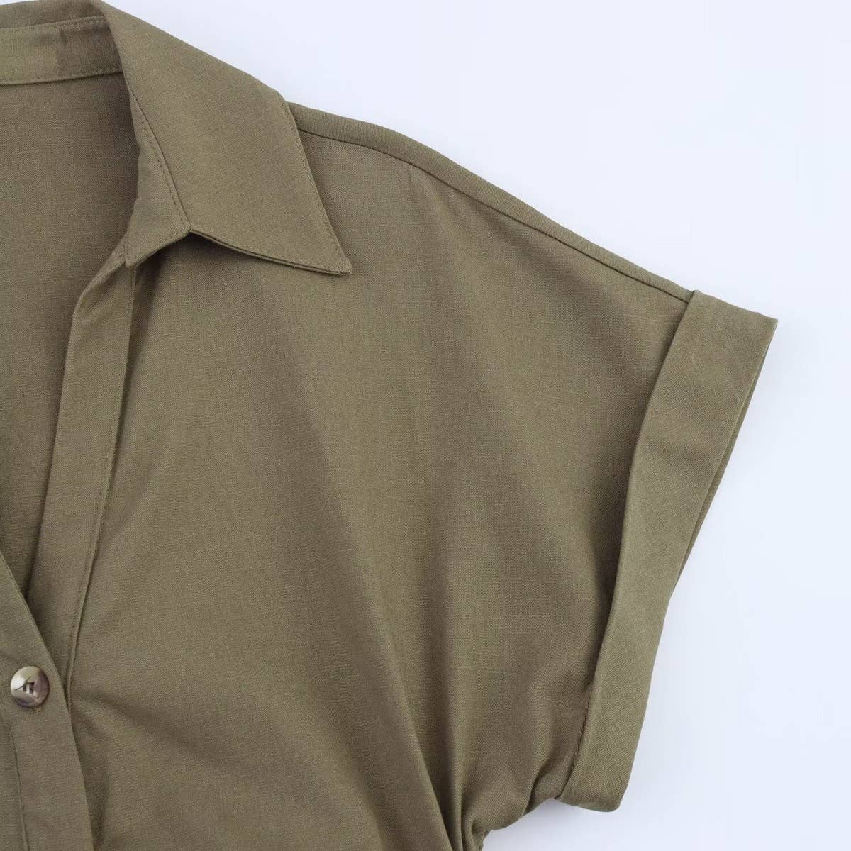 LINEN COLLARED SHORT SLEEVE MIDI DRESS FOR WOMEN_CWDMD5785