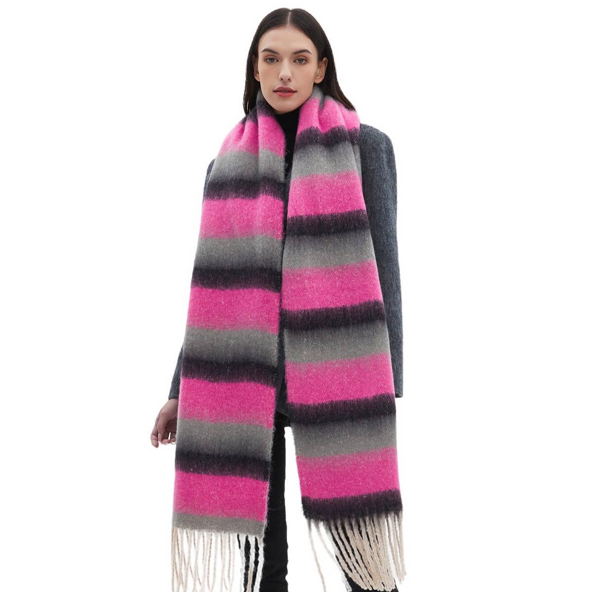 CHUNKY FRINGE STRIPE SCARF WINTER YARN WRAP_CWASC0877