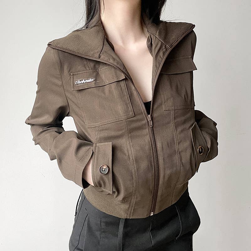 Vintage Cargo Style Zip-Up Lapel Short Jacket