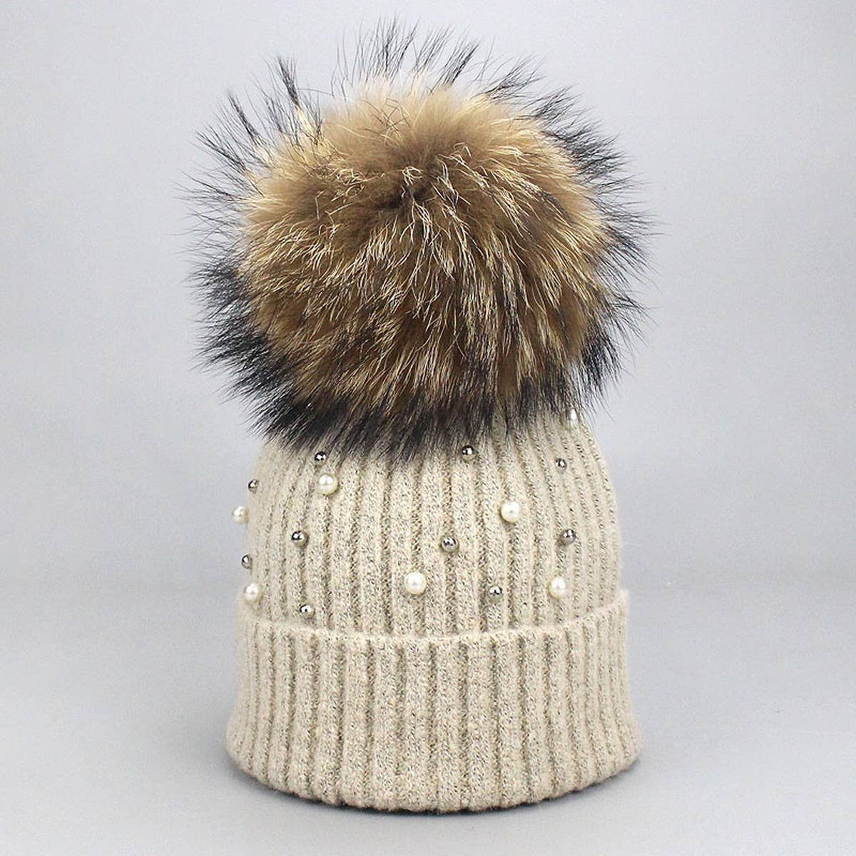 Women¡¯S Knit Beanie With Pearl & Fur Pom_Cwah04987