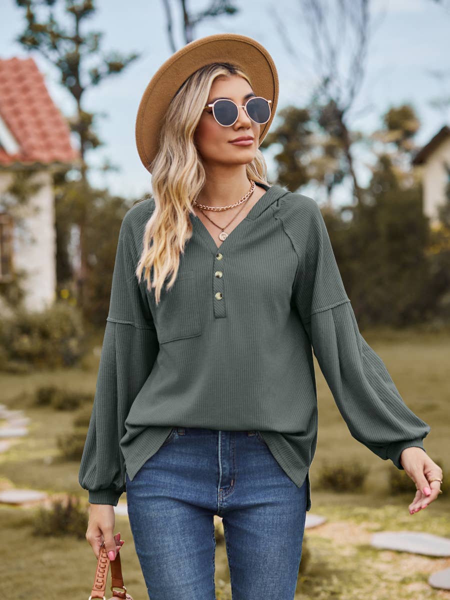 Waffle Hoodie With Hooded Buttons And Long Sleeve