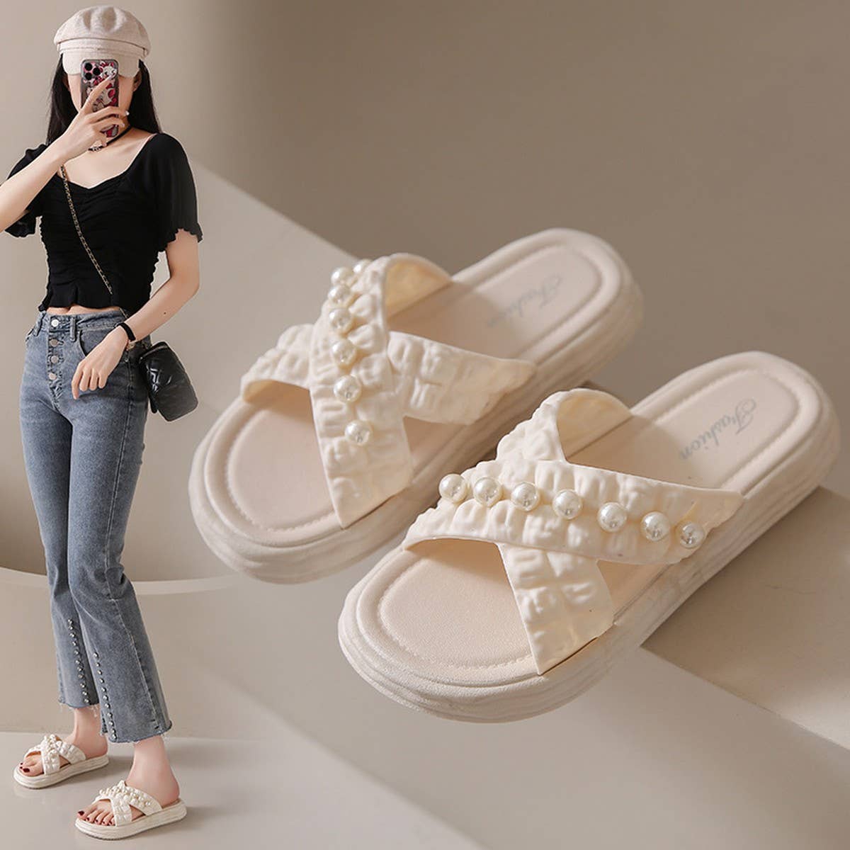 SUMMER BEACH SHOES PEARL CHAIN SANDALS_CWSHS0672