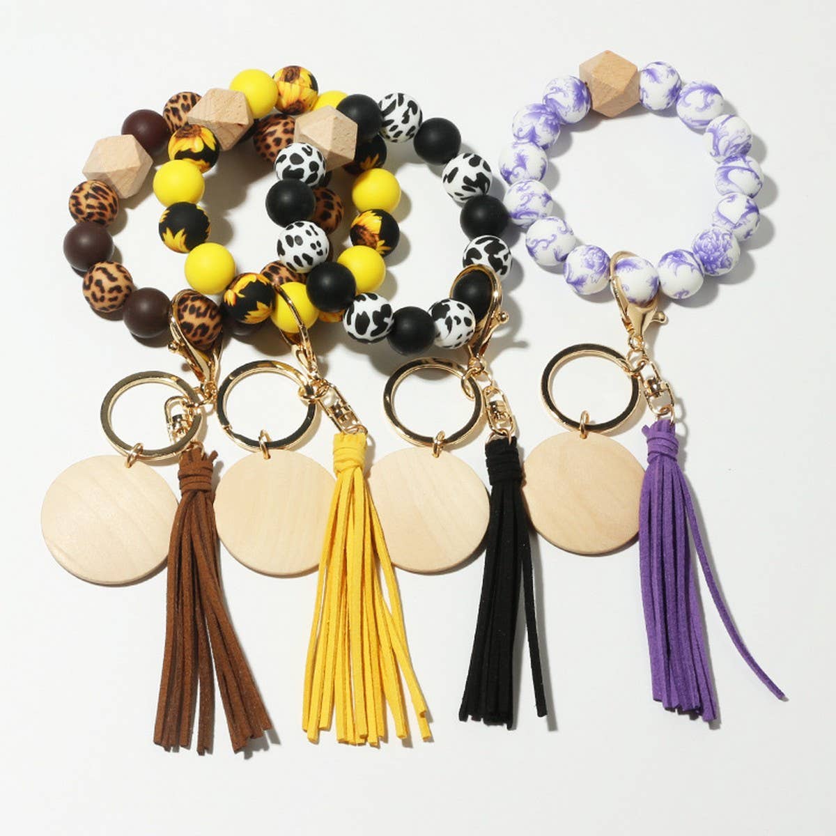 SILICONE BEAD BRACELET KEYCHAIN WITH BEECH WOOD_CWMM6873