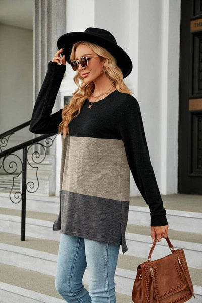 Cwtbll2411_Solid Color Round Neck Contrast Stitching T-Shirt