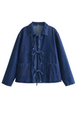 Solid Color Denim Shirt With Lapel Bow