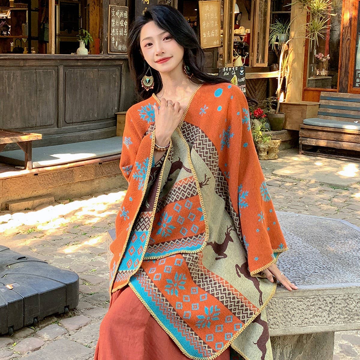 DOUBLE SIDED PLAID FAUX CASHMERE SHAWL CAPE_CWASC2137