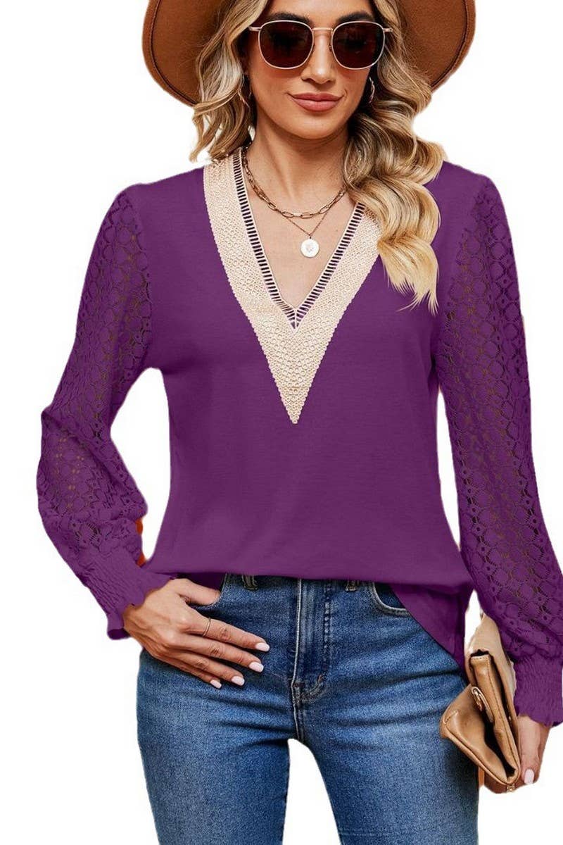 Cwtbll2401_V-Neck Lace Stitching Long-Sleeved Casual Top