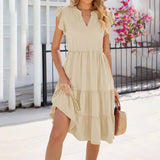 V Neck Lotus Short Sleeve Solid Color Dress_Cwdsd2774