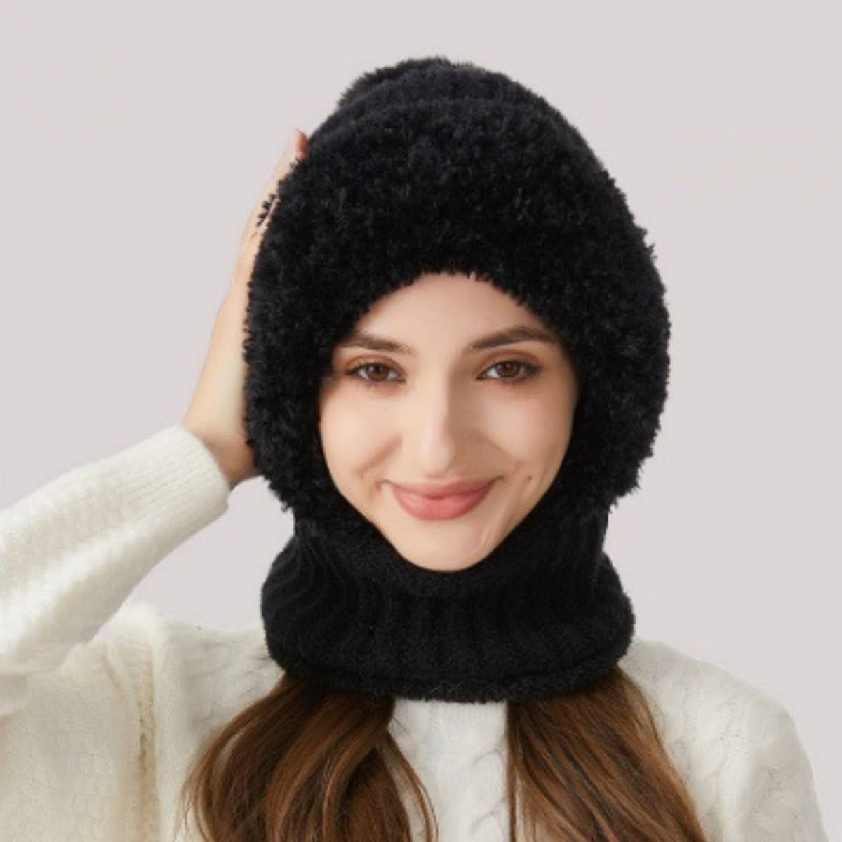 Cwah2211_Knit Thick Fluffy Ball Bib Headpiece