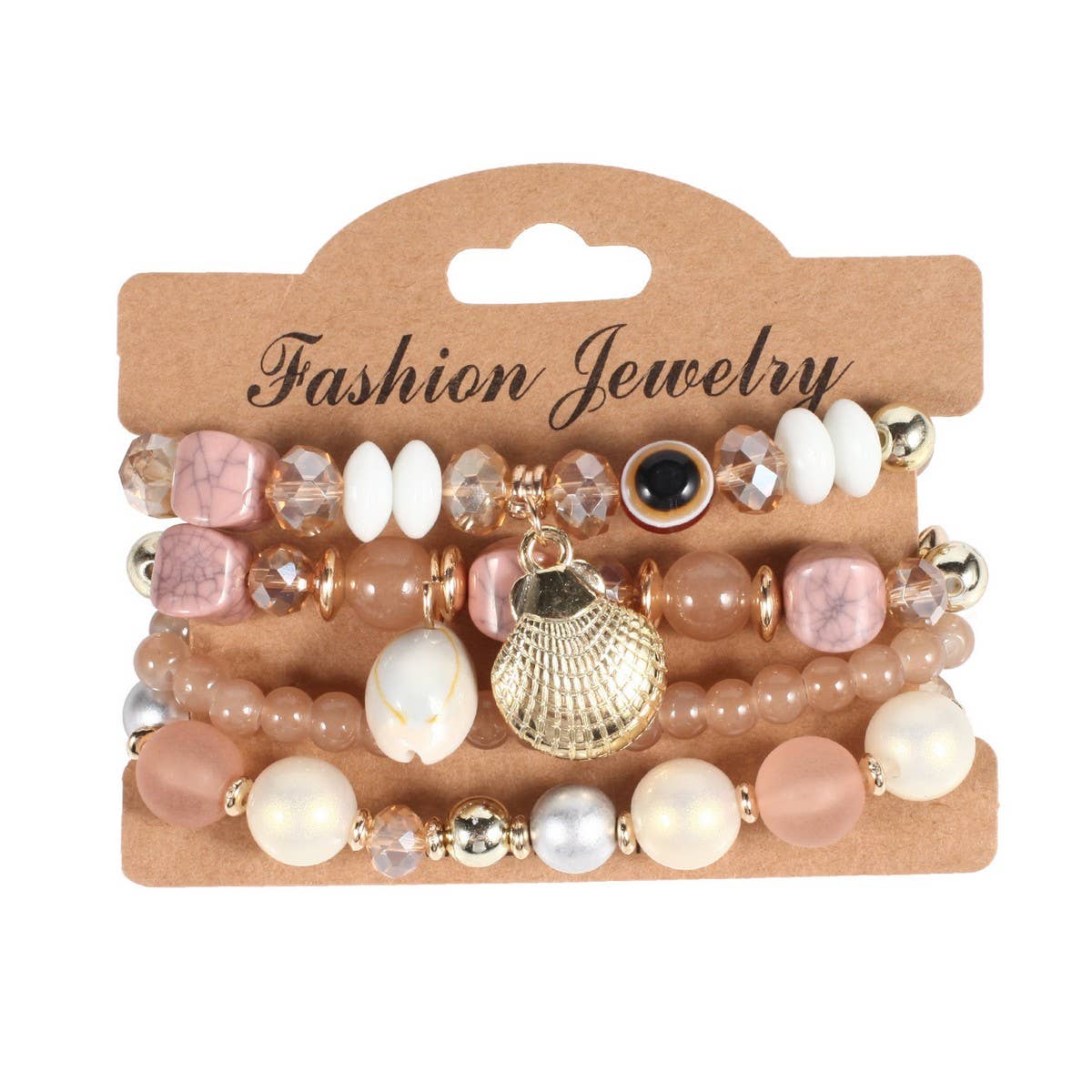 Cwaje05692_Boho Shell Pearl Elastic Evil Eye Bracelet