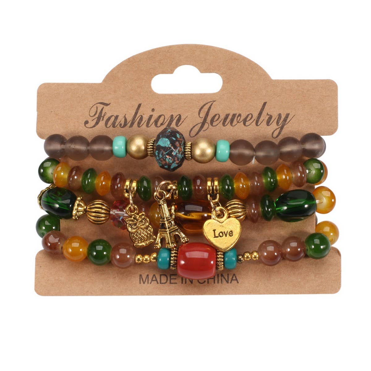 Cwaje05705_Boho Multi Layer Beaded Owl Eiffel Bracelet