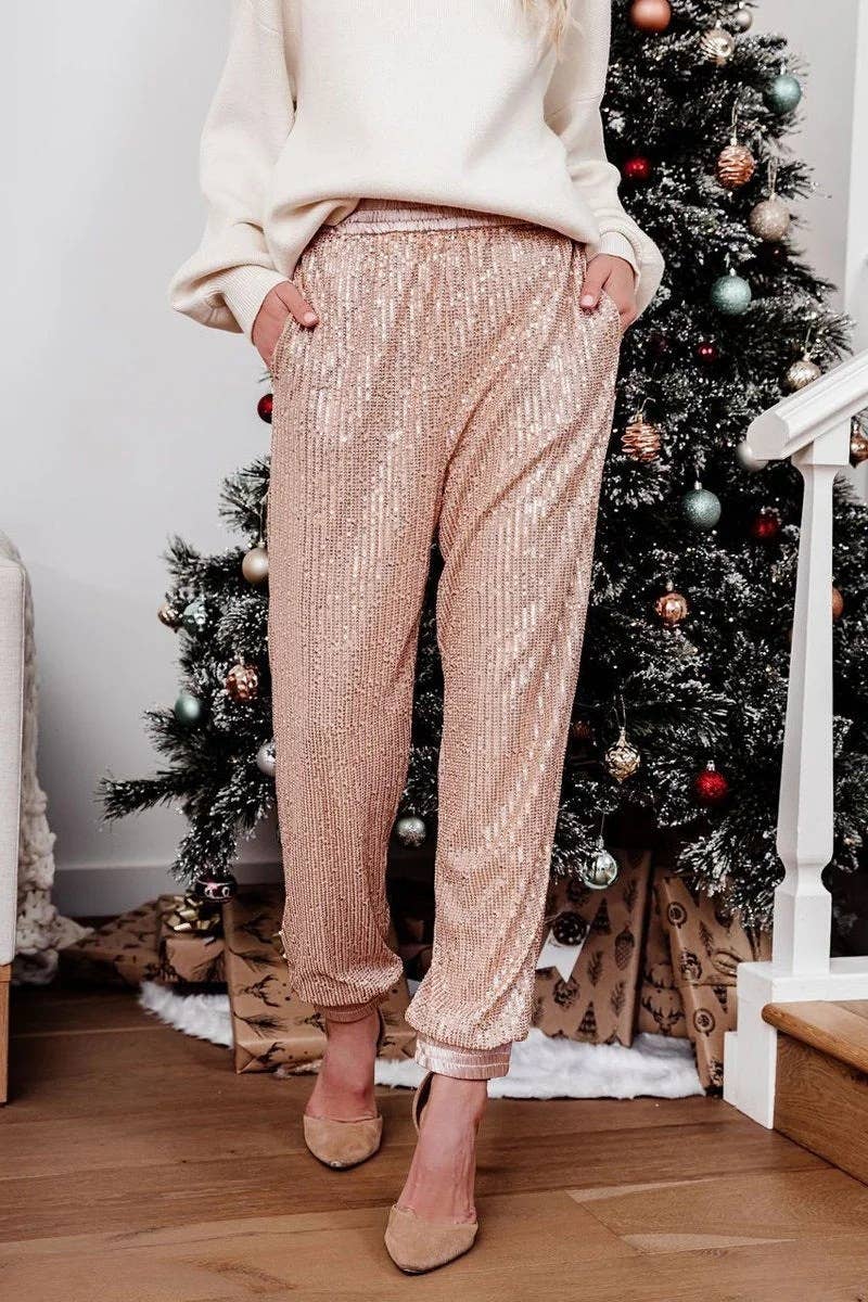 Thin Elastic Leg Sequin Basic Womens Pants