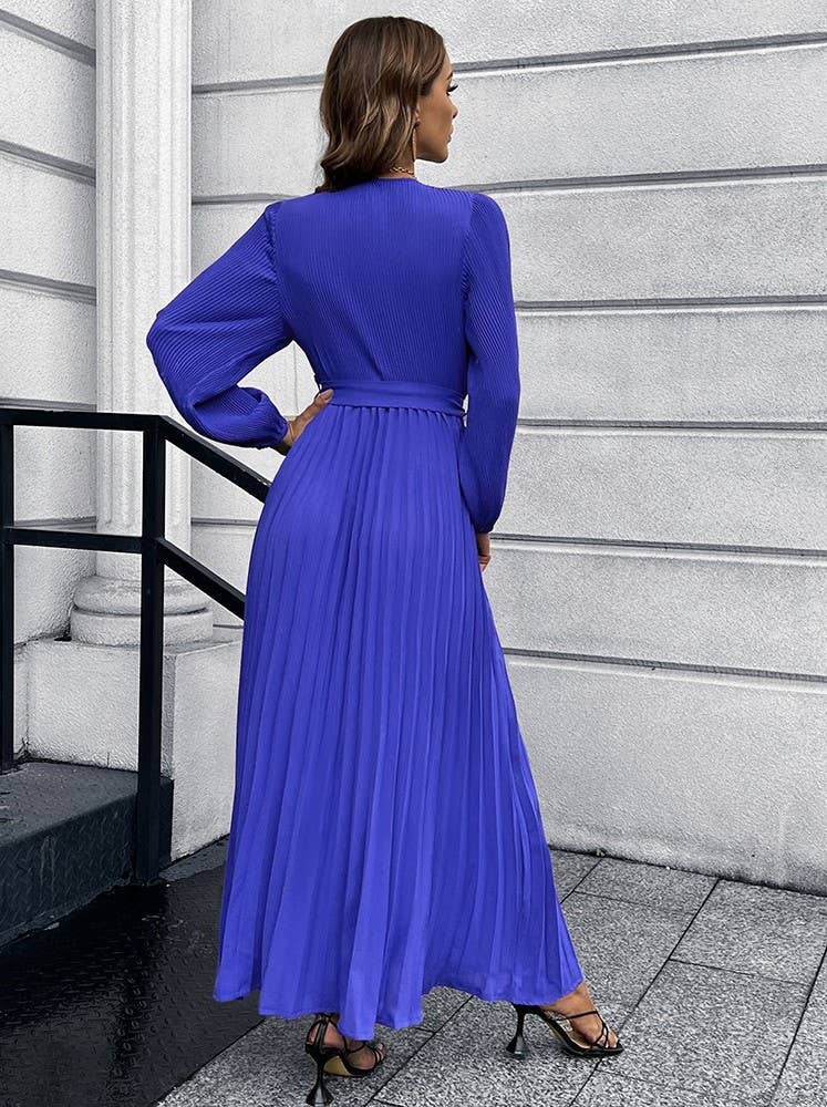 V-Neck,Long-Sleeved,Waist-Cinching Long Dress