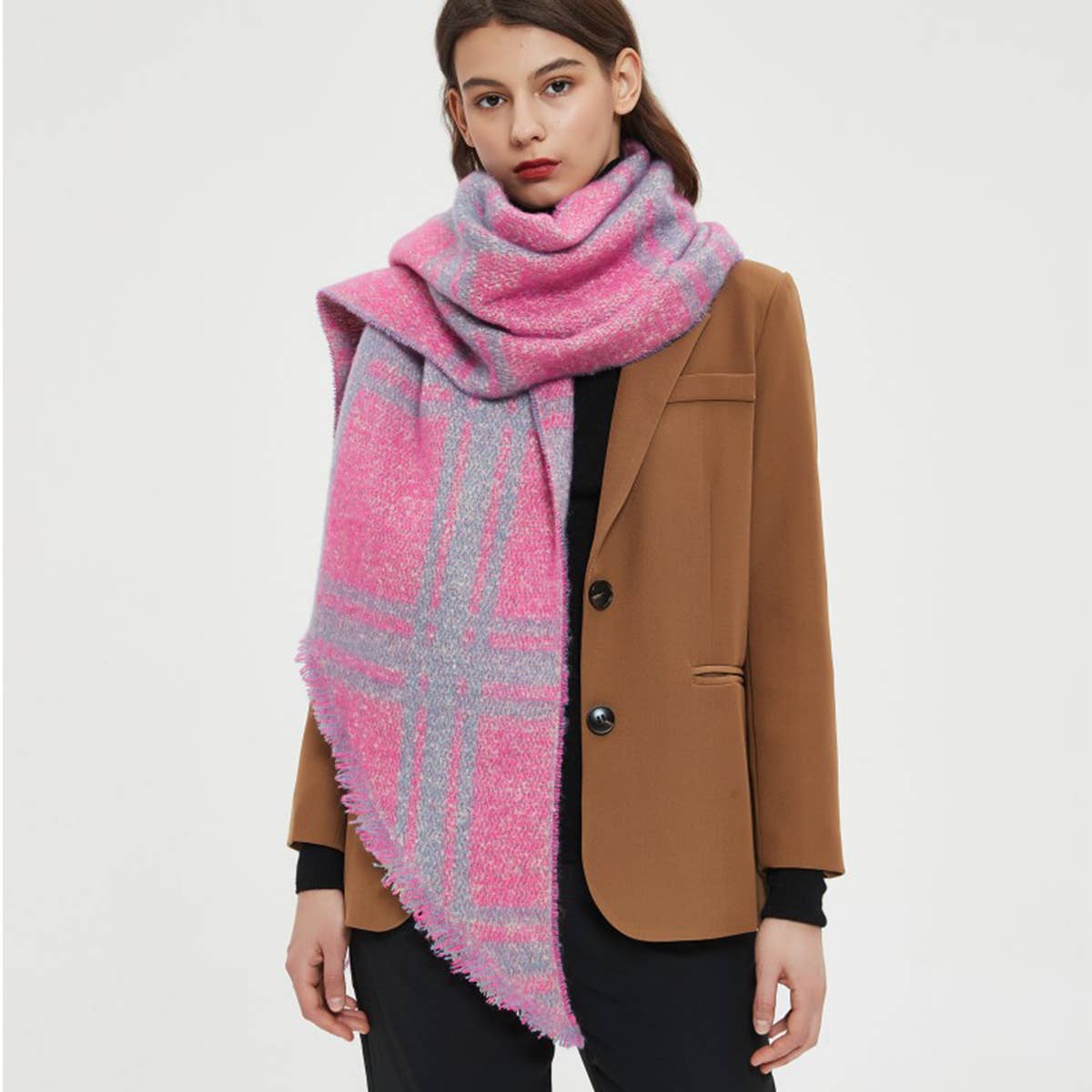 JACQUARD GRID ANGLED SCARF WINTER LOOP YARN WRAP_CWASC0159