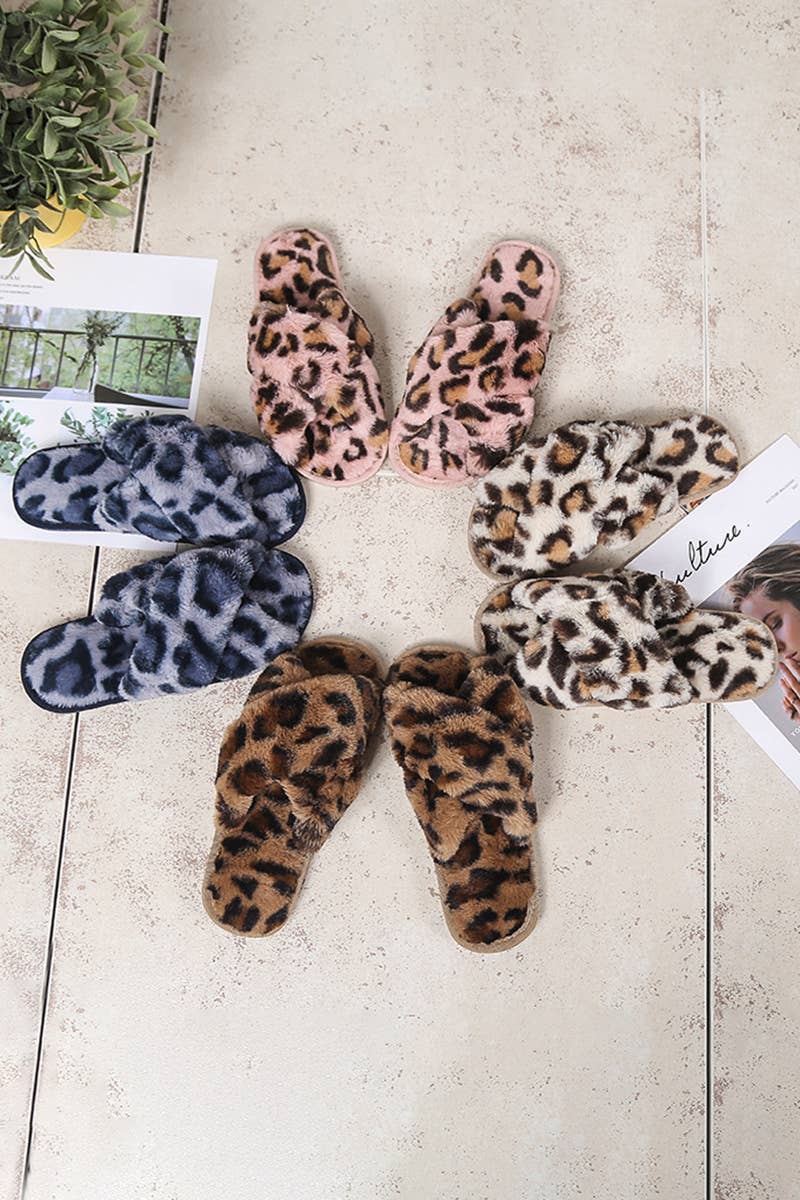 LEOPARD PATTERN CROSS FLUFFY HOME BEDROOM SLIPPERS_CWSHS0227