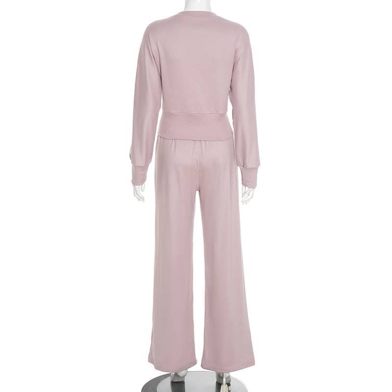 V-Neck Fitted Cardigan Lace-Up Wide-Leg Pant Set