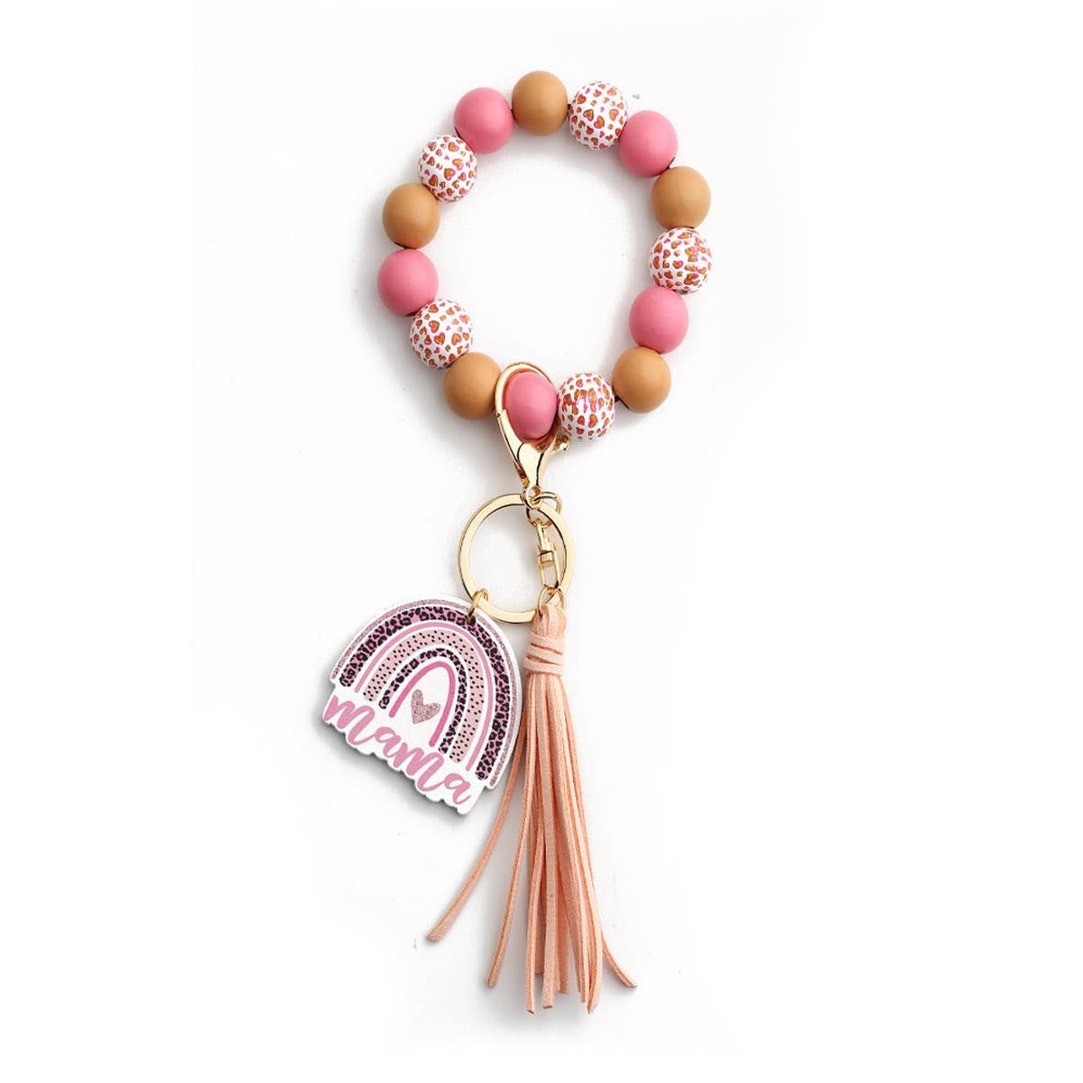 LEOPARD WOOD BEAD BRACELET HEART KEYCHAIN_CWAB5075