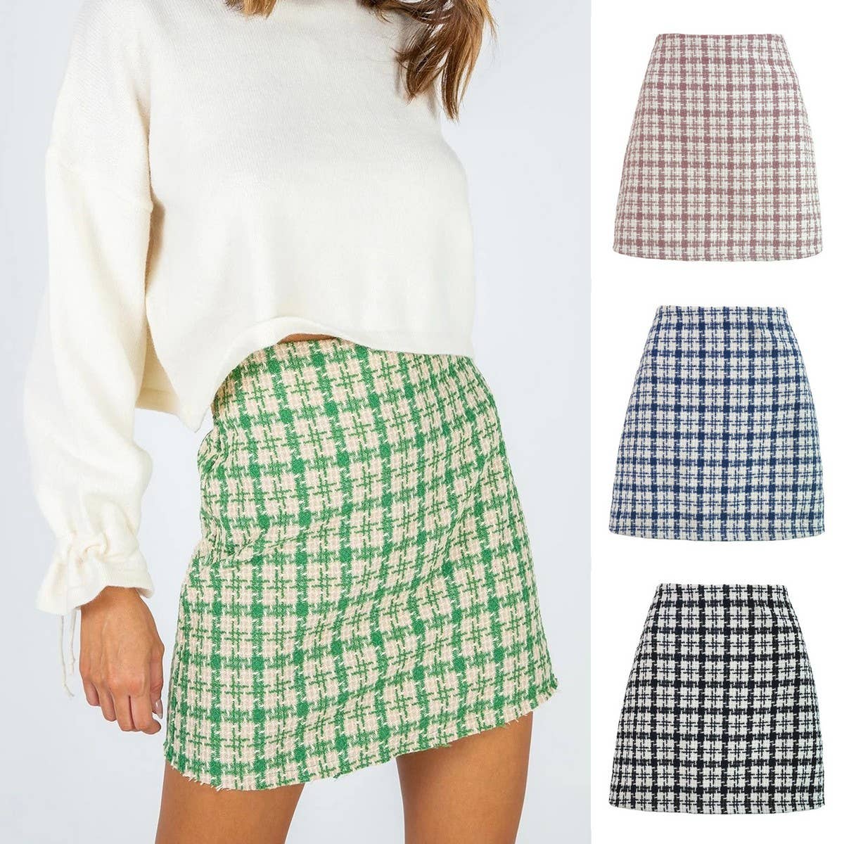 RETRO CHECKERED A LINE SHORT WOOLEN SKIRT_CWBSS0393