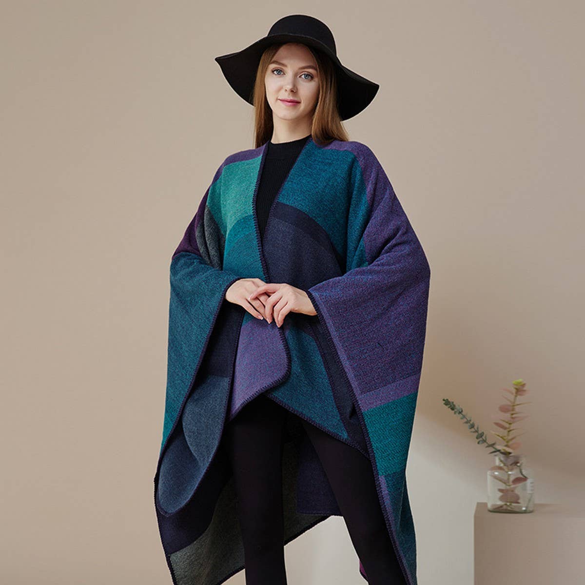 DOUBLE SIDED PLAID FAUX CASHMERE SHAWL CAPE_CWASC2135
