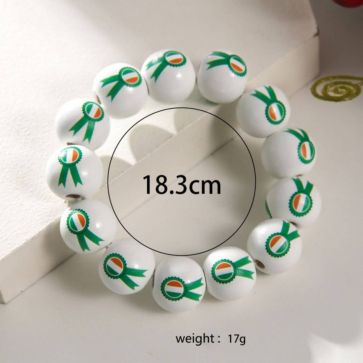 ST PATRICKS DAY WHITE WOOD BEAD BRACELET SET_CWMM3505