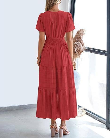 V-Neck Pleated Puffy Sleeve Short Sleeved Dress
