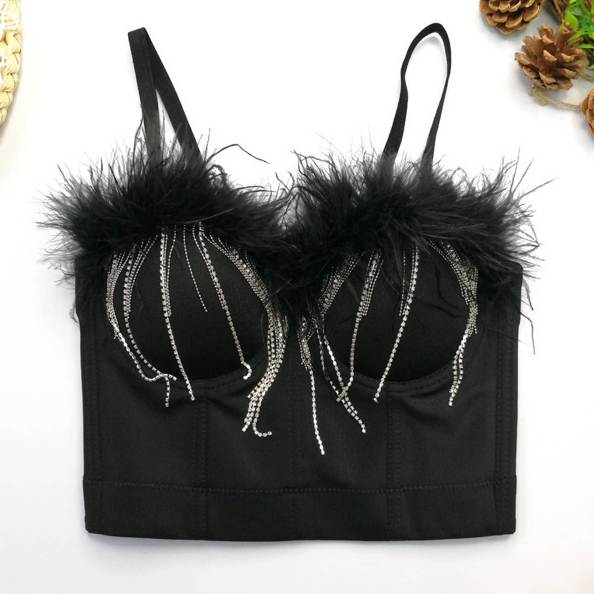 OSTRICH FEATHER SLIM FIT HERRINGBONE CORSET_CWMM4228