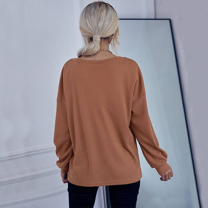 Waffle Solid Cardigan Crewneck Sweater With Base