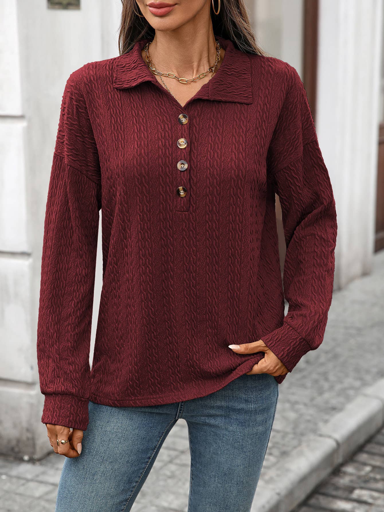 Solid-Color Lapel Loose Long-Sleeved Sweatshirt