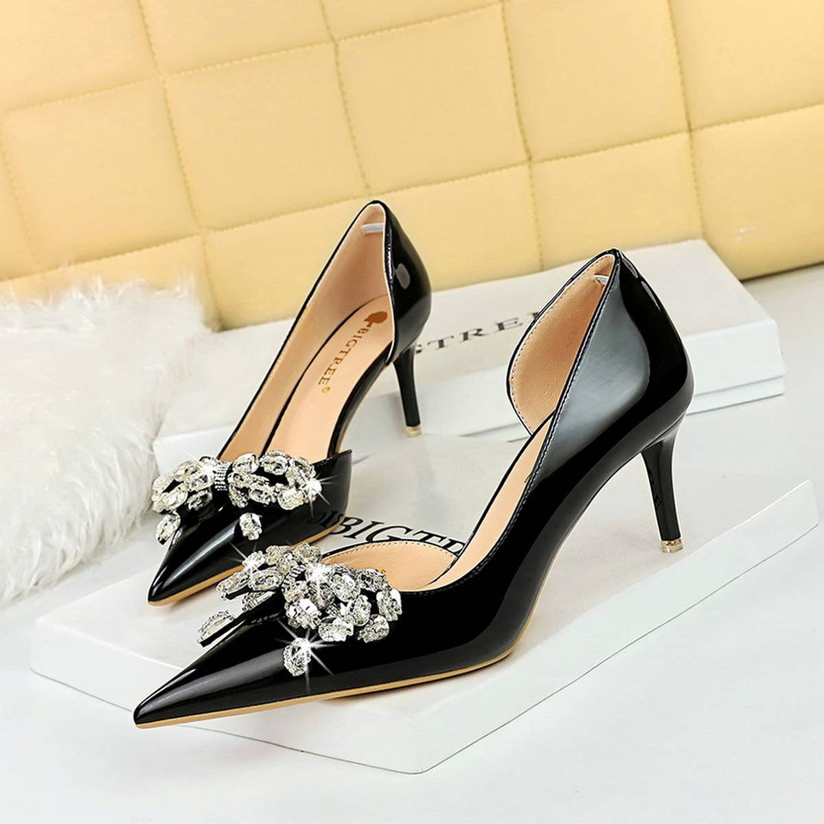 Vintage Rhinestone Pearl Side Cutout High Heels