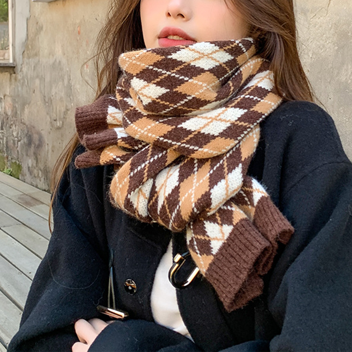PLAID SCARF FOR WOMEN THICK KNIT WINTER WARMTH_CWASC0149